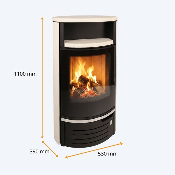 Moderner Kaminofen mit Holzfeuer und Abmessungen von 1100 mm Höhe, 530 mm Breite und 390 mm Tiefe.