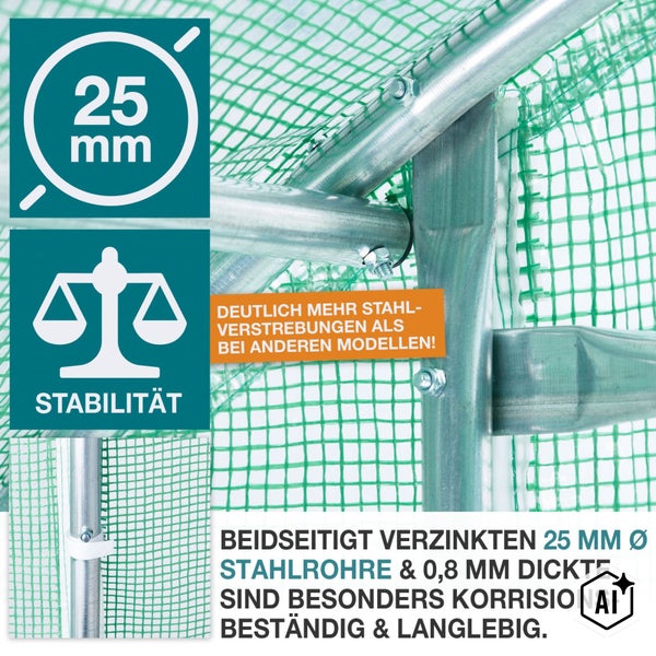 Detailansicht der verzinkten Stahlrohre mit 25 Millimeter Durchmesser für Folientunnel mit erhöhter Stabilität durch zusätzliche Verstrebungen.
