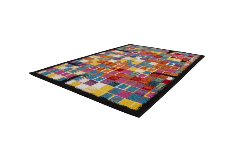 Rechteckiger Teppich mit buntem Karomuster und schwarzer Umrandung.