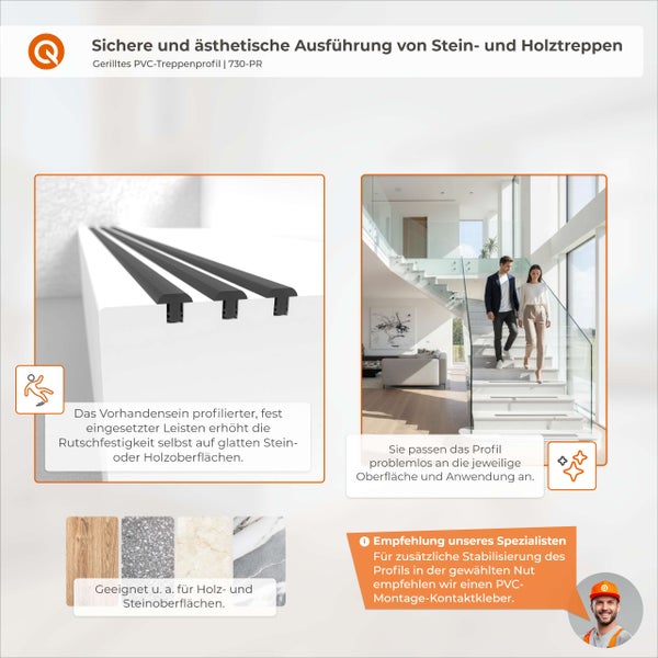 Gerilltes PVC-Treppenprofil 730-PR für Stein- und Holztreppen zur Erhöhung der Rutschfestigkeit inklusive Anwendungshinweisen.