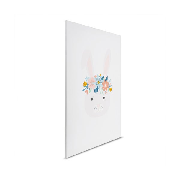 Dekorative Leinwand mit Hasenmotiv und Blumenkranz