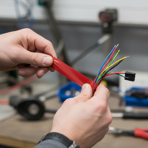 Hände halten ein Kabel mit rotem Isolierband und freiliegenden Drähten und einem schwarzen Stecker