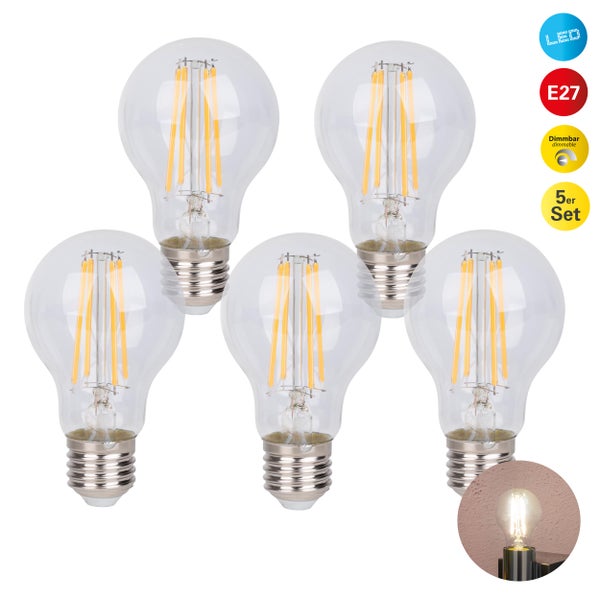 Fünf LED-Leuchtmittel im Set mit E27-Fassung, dimmbar