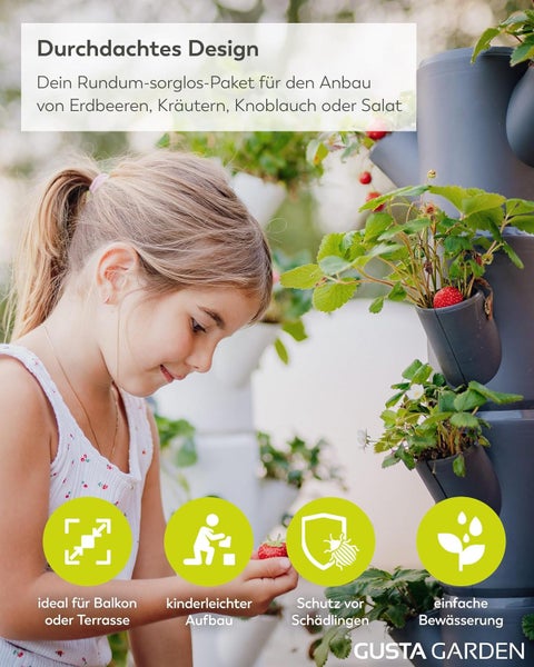 Mädchen erntet Erdbeeren aus Gusta Garden Pflanzsystem. Symbole für Balkoneignung, einfachen Aufbau, Schädlingsschutz, Bewässerung. Gusta Garden Logo.