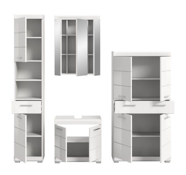 Mehrteiliges Badezimmermöbel-Set in Weiß, bestehend aus Hochschrank, Spiegelschrank, Waschbeckenunterschrank und Beistellschrank mit Stauraum.