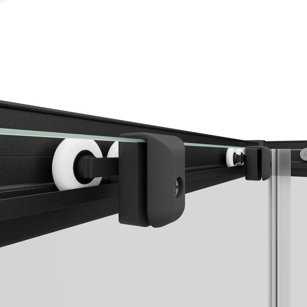 Nahaufnahme eines Schiebetür Rollensystems für Duschkabinen mit schwarzem Profil, weißen Rollen und einer Glaswand.