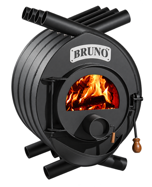 Bruno Warmluftofen aus Stahl mit runder Brennkammer und Sichtfenster mit brennendem Feuer.