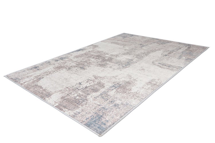 Rechteckiger Teppich mit abstraktem Vintage-Muster in Grau, Beige und Blau, Kurzflor.