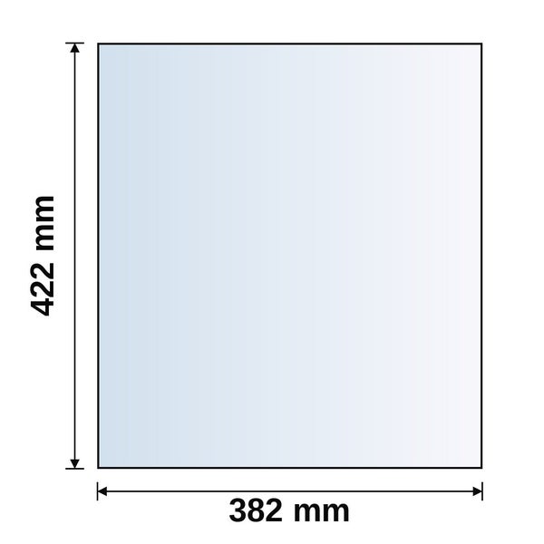 Maßskizze einer rechteckigen Scheibe mit einer Höhe von 422 Millimeter und einer Breite von 382 Millimeter.