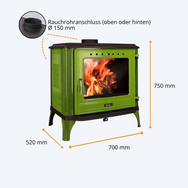 Kaminofen aus Gusseisen mit Sichtfenster, Rauchrohranschluss 150 Millimeter oben oder hinten, Abmessungen 700 mal 750 mal 520 Millimeter.
