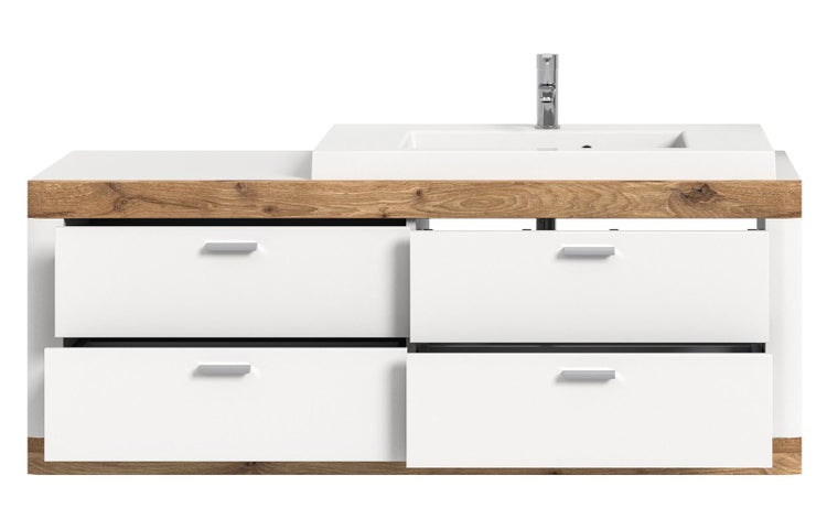 Laredo Waschbeckenunterschrank 132cm 4 Schubladen matt weiß,Eiche dekor,weiß. 132 X 48 X 50 cm