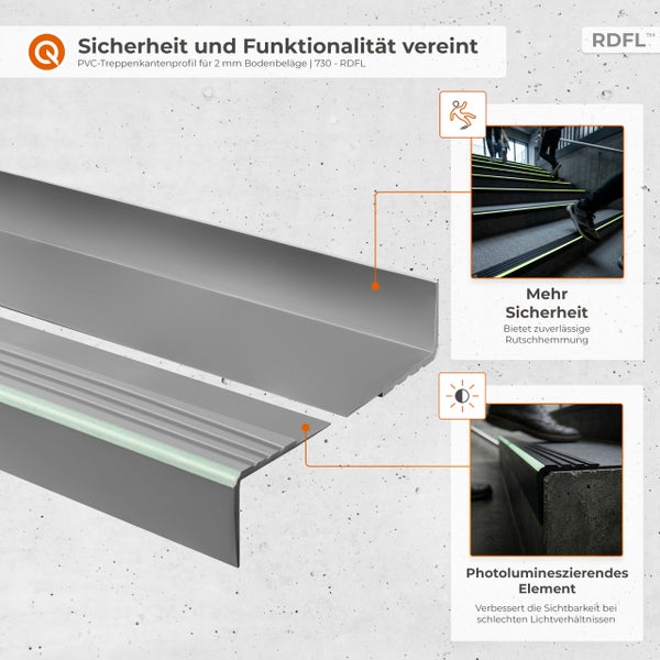 PVC-Treppenkantenprofil für 2 Millimeter Bodenbeläge mit photolumineszierendem Streifen für bessere Sichtbarkeit und Rutschhemmung.