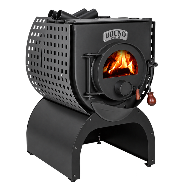 Bruno Mini Kaminofen mit Sichtfenster und Holzfeuer auf einem Metallgestell für effizientes Heizen.
