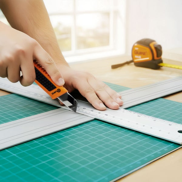 Eine Person schneidet mit einem Teppichmesser und einem Stahllineal auf einer Schneidematte.