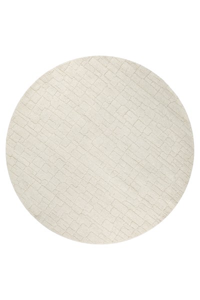 Runder, cremeweißer Teppich mit geometrischem Strukturmuster.
