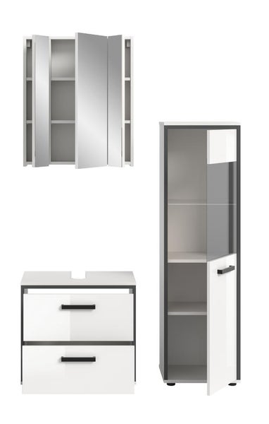 Dreiteiliges Badezimmermöbel-Set bestehend aus Spiegelschrank, Waschbeckenunterschrank mit zwei Schubladen und Hochschrank mit Glaselement.