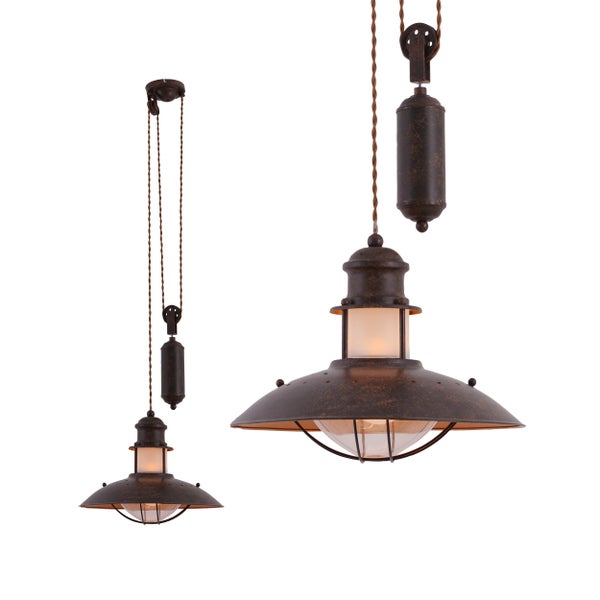 Zwei Pendelleuchten im Vintage-Stil mit Umlenkrolle und Industrie-Design