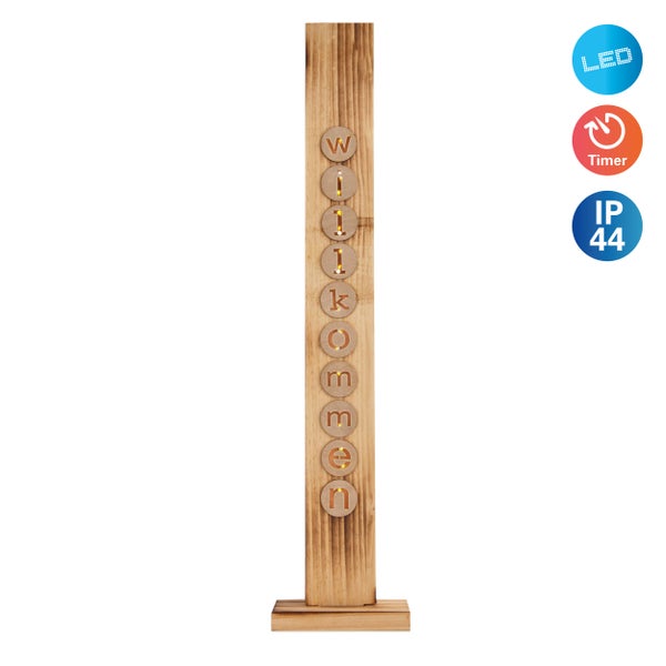 Dekorative LED-Holzleuchte mit der Aufschrift Willkommen, Timer und Schutzart IP44