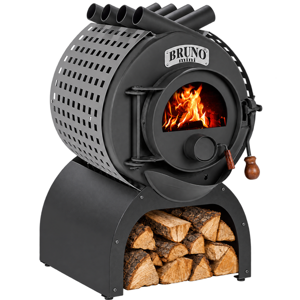 Bruno Mini Kaminofen mit Holzlegefach und Sichtfenster mit brennendem Feuer