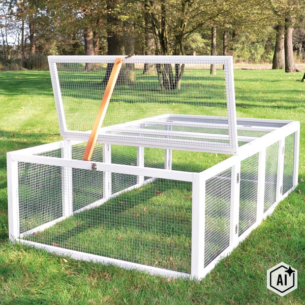 Freilaufgehege für Kleintiere aus Holz mit Drahtgitter und aufklappbarem Dach für den Garten