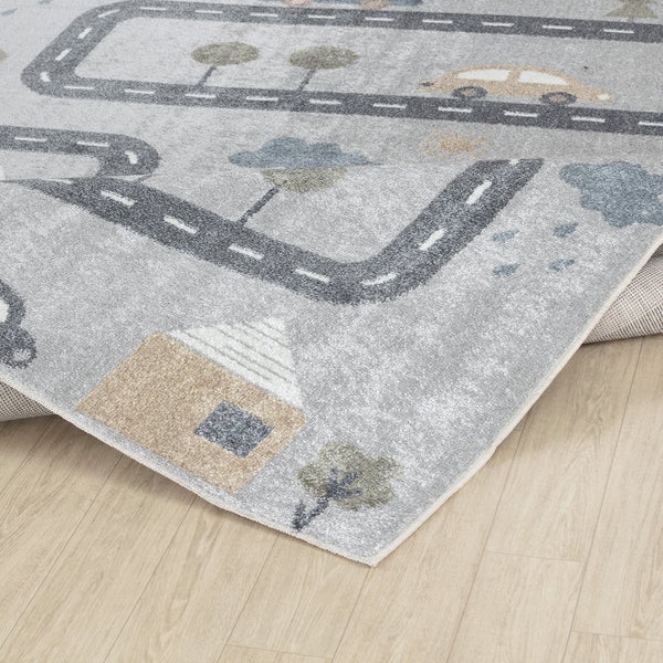 Maschinenwaschbarer Kinderteppich Autokreis Blau/Grau 160x213 cm VROOMVILLE