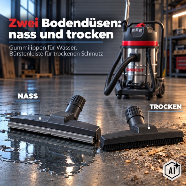 Hecht Deltaschleifer mit 140 mal 140 mal 80 Millimeter Schleifplatte für Ecken, inklusive Staubfangbehälter und Hecht Logo.