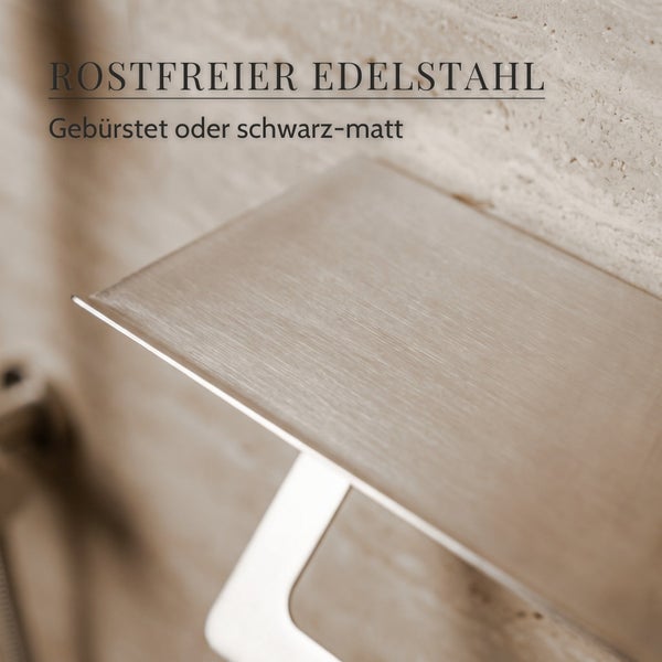 Toilettenpapierhalter mit Ablage aus gebürstetem, rostfreiem Edelstahl zur Wandmontage im Badezimmer.