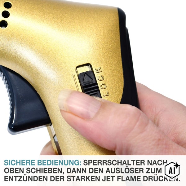 Detailansicht eines Gasbrenners mit Sicherheitsschalter und Auslöser für die Entzündung der Jet Flamme.