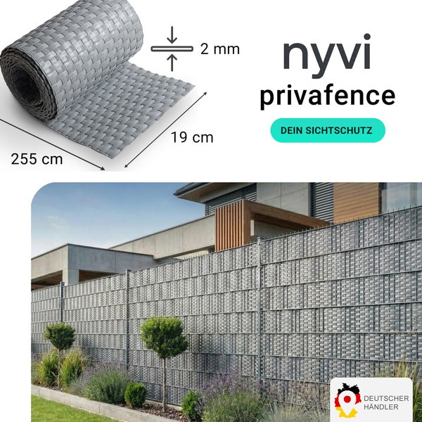 Nyvi Privafence Sichtschutzstreifen als Rollenware 255 cm mal 19 cm und 2 Millimeter Stärke für Doppelstabmattenzäune in Garten und Außenbereich.