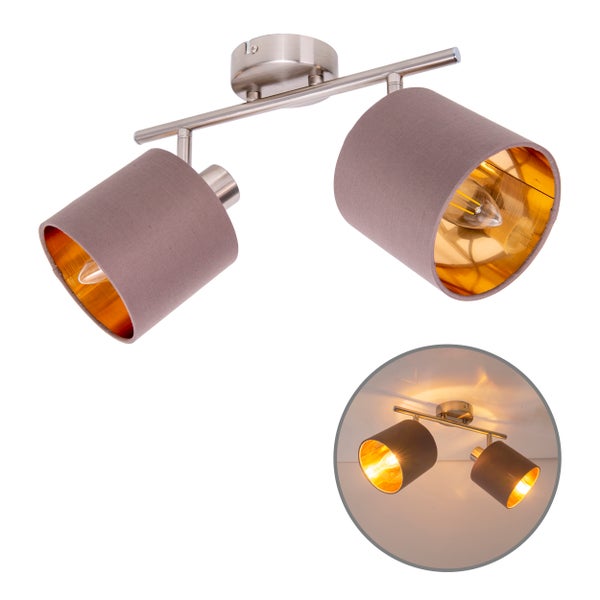 2er Wand- und Deckenleuchte MARON aus Metall satiniert-matt mit Stoffschirmen  in Braun, mit E14-Fassung, Lampe für Wohnzimmer, Esszimmer, Flur und Büro,  46 x 12 cm