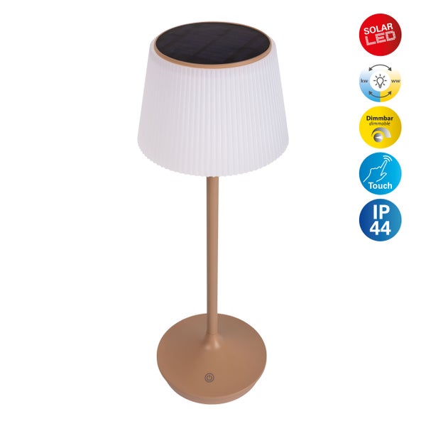 Solar-Akkutischleuchte EMMI  38 cm hoch, Schirm Ø 13 cm, Metall in Almond und weißer Kunststoff, für den Außenbereich, dimmbar CCT.