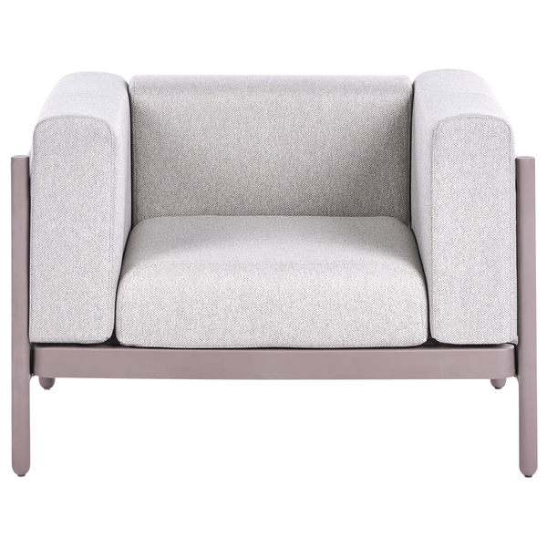 Garten-Loungesessel mit Metallgestell und dicken Polstern für Sitzfläche, Rückenlehne und Armlehnen.