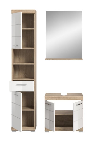 Badezimmermöbel-Set in Eichenoptik mit weißen Hochglanz-Fronten, bestehend aus Hochschrank, Spiegel mit Ablage und Waschbeckenunterschrank.