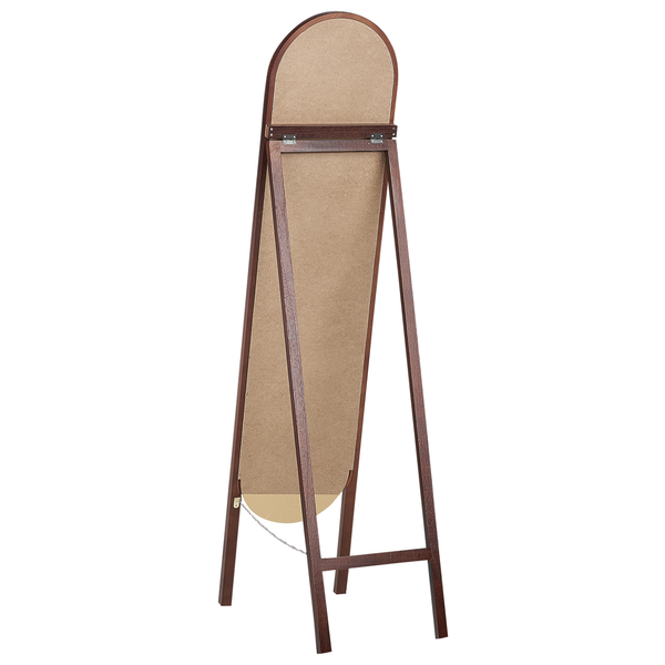Ganzkörperspiegel mit dunklem Holzrahmen in ovaler Form und klappbarem Standfuß.