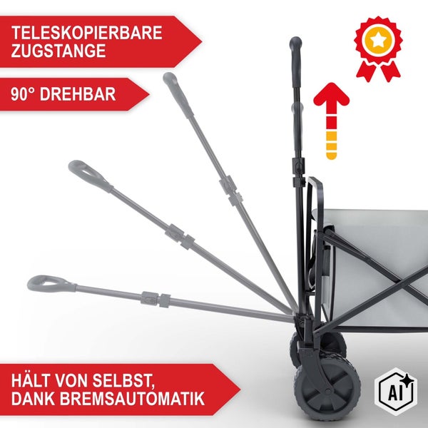 Faltbarer Bollerwagen mit teleskopierbarer Zugstange, 90 Grad drehbar und automatischer Bremse für sicheren Stand.