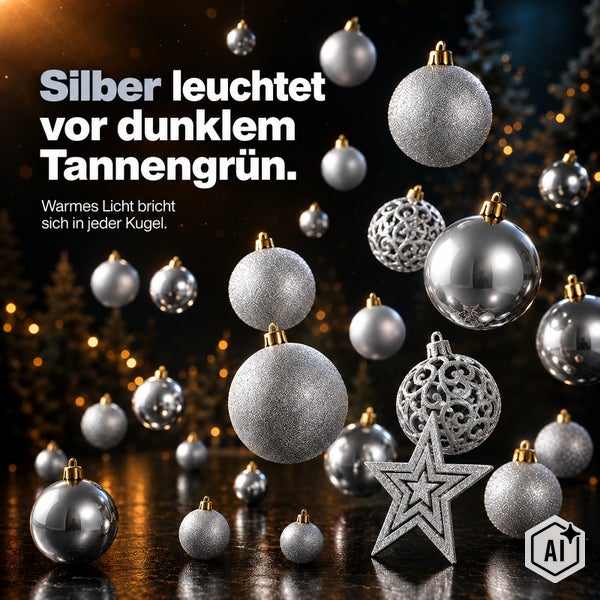 Set aus verschiedenen silberfarbenen Weihnachtskugeln und einem Sternenanhänger vor dunklem Hintergrund mit atmosphärischer Beleuchtung.