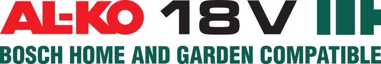 AL-KO Logo mit 18 Volt und Hinweis auf Bosch Home and Garden Kompatibilität
