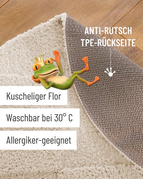 Badeteppich mit weichem Flor, rutschhemmender TPE-Rückseite, waschbar bei 30 Grad, für Allergiker geeignet.