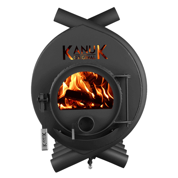 Schwarzer runder Holzofen Kanuk Original mit brennendem Feuer im Inneren und Glastür.