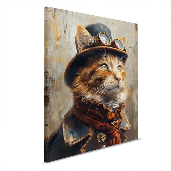 Gemälde einer Katze im Steampunk-Stil mit Hut und Brille