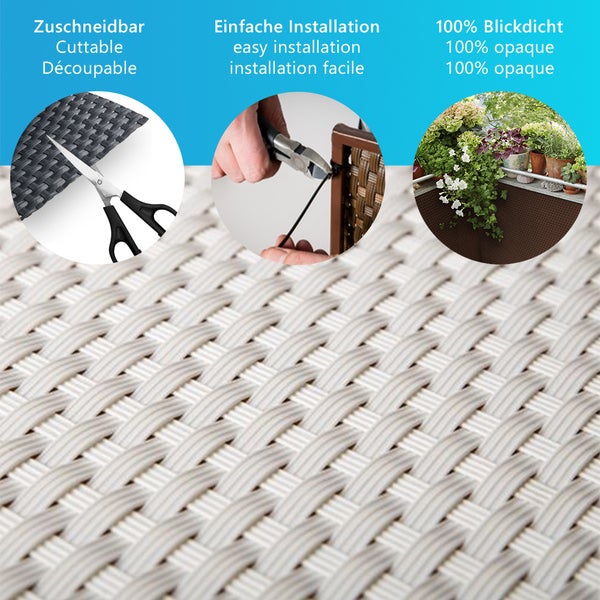 Produktmerkmale eines geflochtenen Sichtschutzes: zuschneidbar, einfache Montage und 100 Prozent blickdicht.
