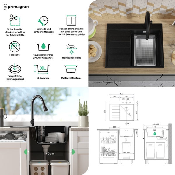 Produktinformationen zu einer schwarzen Küchenspüle von Primagran mit Spülbecken, Armatur und schematischen Darstellungen der Abmessungen und Einbauhinweise.