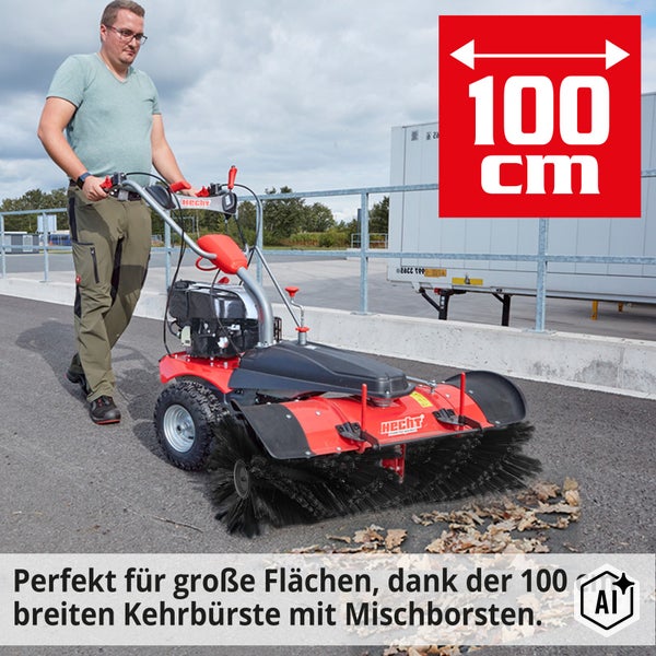 Eine Person bedient eine Hecht Kehrmaschine mit einer Kehrbreite von 100 Zentimetern zur Reinigung von Außenflächen.