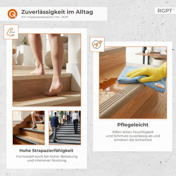 PVC-Treppenkantenprofil auf Holztreppen. Strapazierfähig und pflegeleicht durch Rillenstruktur. Erhöht die Sicherheit in Wohn- und Arbeitsräumen.