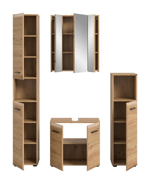 Badmöbel-Set in Eichen-Optik bestehend aus Hochschrank, Spiegelschrank, Waschtischunterschrank und Midischrank mit geöffneten Türen.