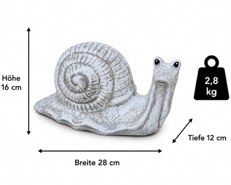 Gartenfigur Schnecke aus Stein, 28 cm breit, 16 cm hoch, 12 cm tief, Gewicht 2,8 Kilogramm.