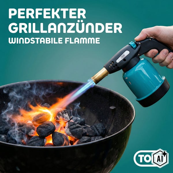 TOM Gasanzünder mit windstabiler Flamme beim Entzünden von Grillkohle in einem Holzkohlegrill