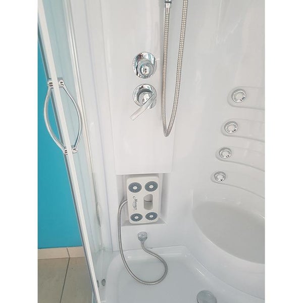 Duschkabine mit integriertem Massagepanel, Armaturen, Handbrause und Fußmassagegerät in moderner weißer Ausführung.