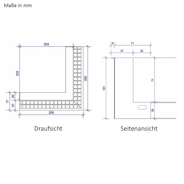 Technische Zeichnung mit Maßangaben für eine Eckablage in Draufsicht und Seitenansicht, Maße in Millimeter.