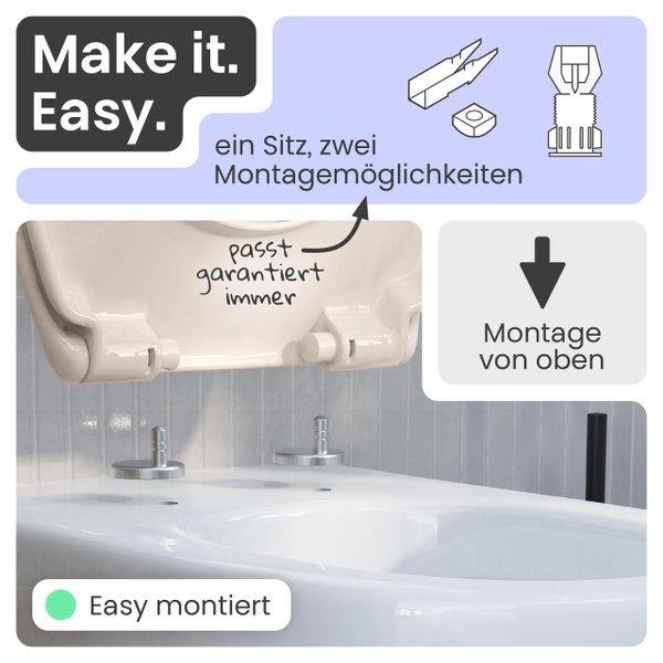 Illustration eines WC-Sitzes mit zwei Montagemöglichkeiten und einfacher Montage von oben